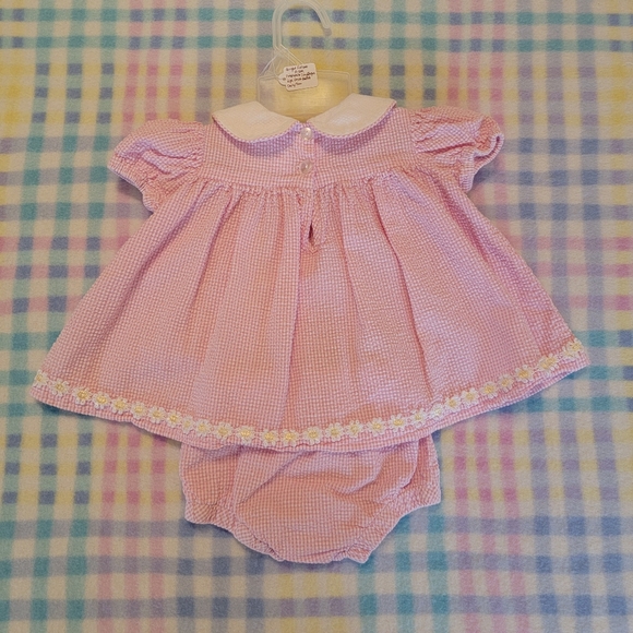 BRIGHT FUTURE ♡ Vintage 2pc Pink|White Daisy Floral Seersucker Dress Outfit 0-3M - Picture 12 of 15